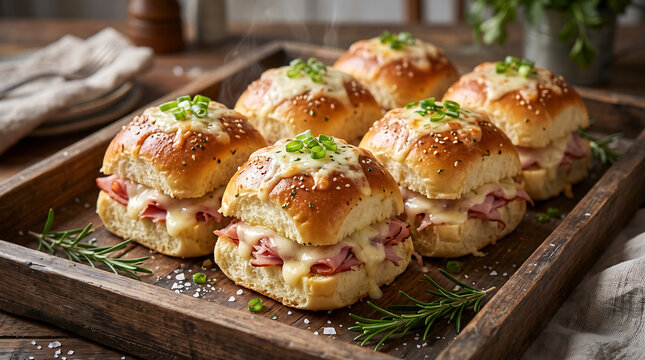 Delicious ham, cheese sliders on wooden board. Mini sandwiches with melted swiss cheese, pink ham inside sweet hawaiian buns. Topped with sesame seeds, fresh chives. Tasty party finger food served