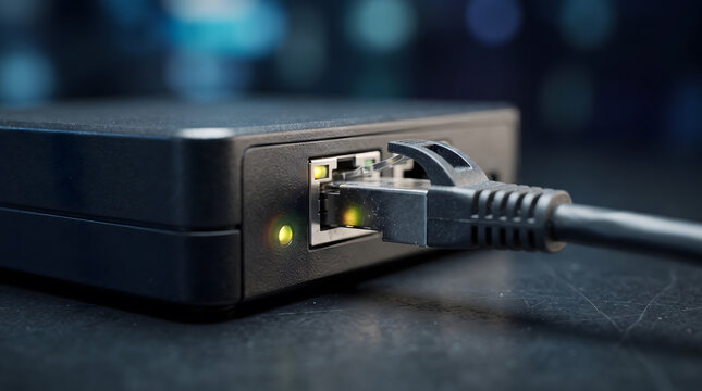 An ethernet cable plugged into a network router port with glowing indicator lights.