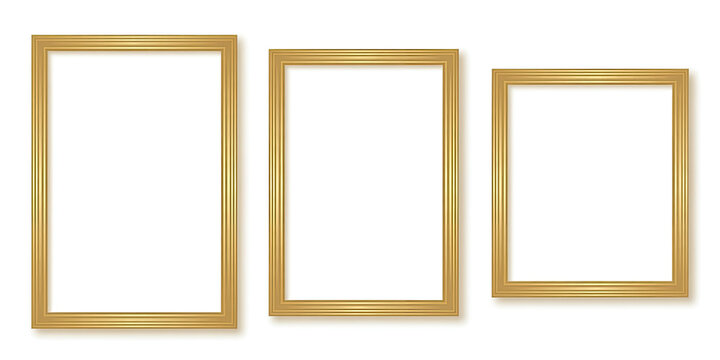 Three empty rectangular frames with metallic gold borders of varying heights, arranged in a row on a plain white background, isolated