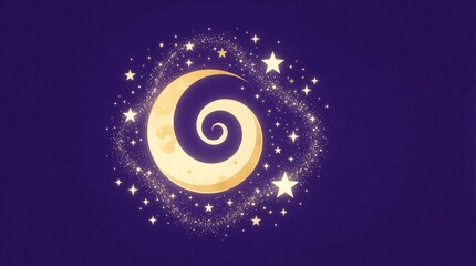 Fototapeta premium Stylized spiral moon icon with golden stars, stardust on deep purple background. Celestial cosmic art features glowing swirl shape, shining sparkles. Dreamy mystical galaxy design for astrology magic