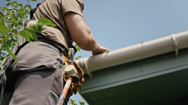 Caucasian handyman climbing ladder and clearing dry leaves from residential roof gutter. Clip serves home improvement, exterior maintenance, and roofing commercials