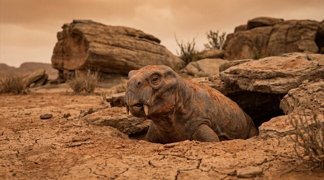 Prehistoric Lystrosaurus dicynodont emerging from a burrow in a volcanic barren landscape during the Permian-Triassic extinction, 3D paleoart.