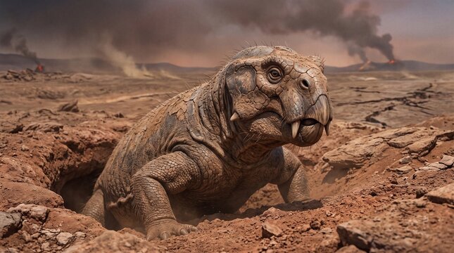 Prehistoric Lystrosaurus dicynodont emerging from a burrow in a volcanic barren landscape during the Permian-Triassic extinction, 3D paleoart.