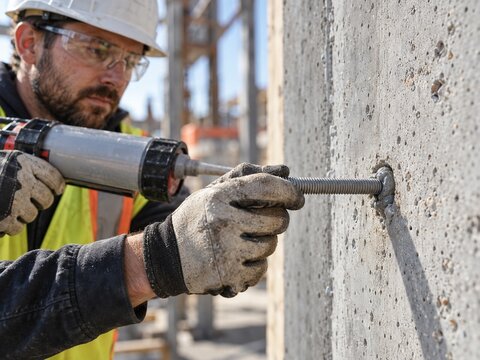 Construction worker installing threaded rod with chemical anchor into concrete wall