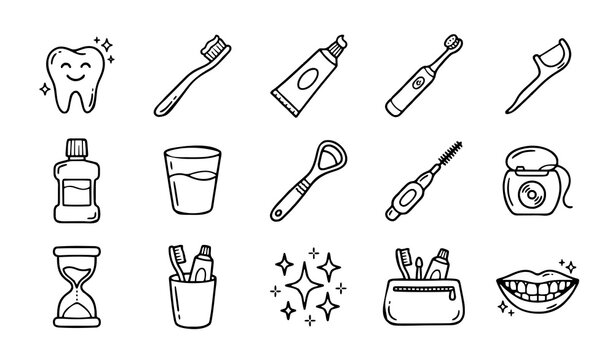 Untitled design - 1 15 Hand Drawn Dental Hygiene and Tooth Care Essential Doodle Icons Vector Set