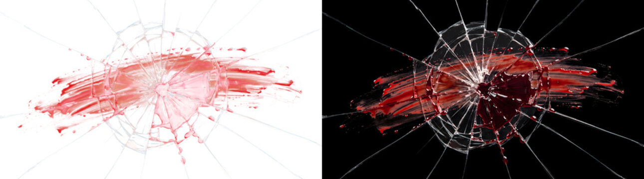 Broken glass with bullet impact and blood stroke for horror and crime art in PNG, Transparent and Black Background Versions