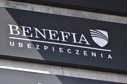 Benefia Ubezpieczenia insurance company office facade with signage, logo, emblem. WARSAW, POLAND - APRIL 18, 2026