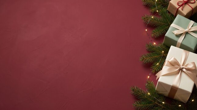 Sage green, kraft and cream Christmas gift boxes with satin ribbons, fir branches and warm fairy lights on a textured burgundy background with copy space for holiday greeting cards