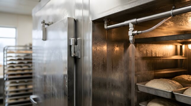 humidity distribution nozzle inside a commercial bakery proofing cabinet regulating moisture for consistent dough fermentation and dependable bread production