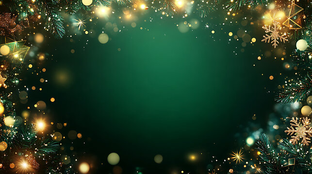Commercial Christmas background with a magical border of sparkling golden snowflakes and pine branches on dark green