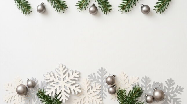 Silver Christmas baubles and paper snowflakes with green fir branches framing a white background, flat lay with central copy space for holiday greetings and winter promotions