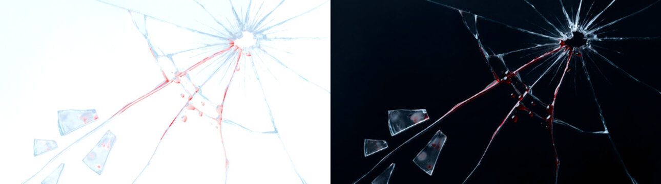 Broken glass bullet hole with blood trails and shards for horror and crime art in PNG, Transparent and Black Background Versions