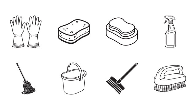 Floor cleaning tools line icon set featuring mops, brooms, brushes, buckets, and essential cleaning supplies.