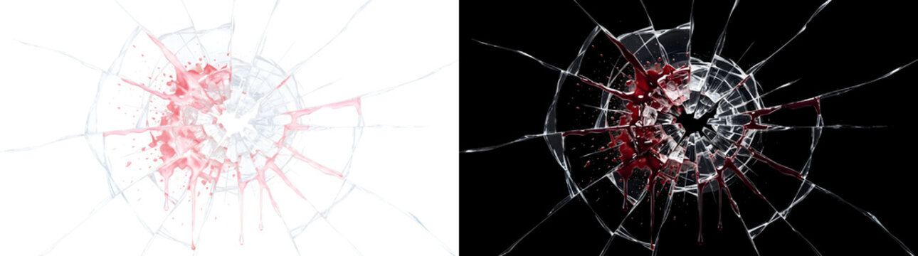 Broken glass impact with blood splatter and drips for horror and crime art in PNG, Transparent and Black Background Versions