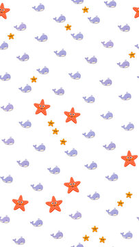 Cute cartoon whales and starfish seamless pattern