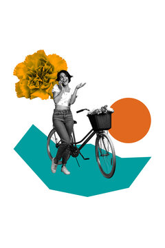 Poster 3d zine vertical artwork collage of happy girl speak phone stand bicycle sprint travel flower daisy basket telecommunication
