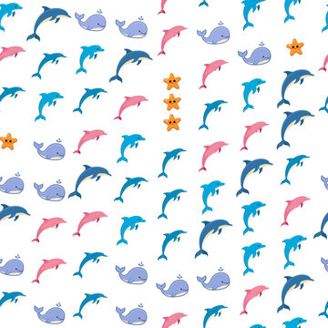 Seamless pattern of cartoon dolphins, whales, and starfish