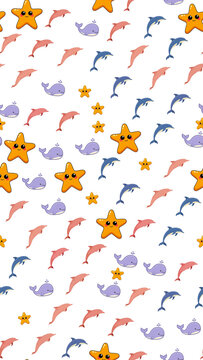 Seamless pattern of cartoon marine animals
