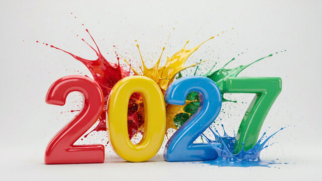 Colorful 3D numbers 2027 with vibrant paint splashes on a clean white background