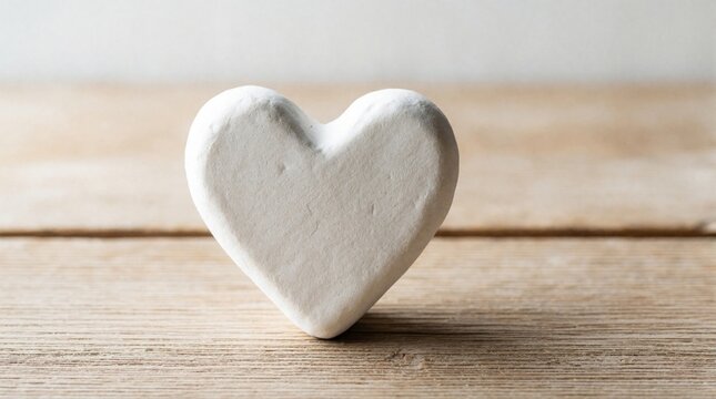 White ceramic heart shape sits on rustic wooden table. Minimalist decor element on wood texture background. Small handmade clay symbol for love, valentine day. Simple romantic object for wedding gift