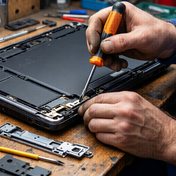 Electronics specialist uses a tiny screwdriver to inspect the exposed circuitry of a disassembled tablet on a workbench performing precise digital device repair