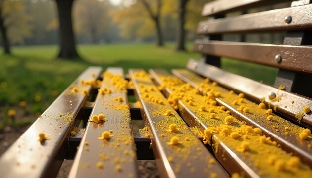 Yellow pollen on wooden bench surface, allergic rhinitis triggers during bloom period, high allergens level environment risk, hay fever activation season, clean graphic space for promotion