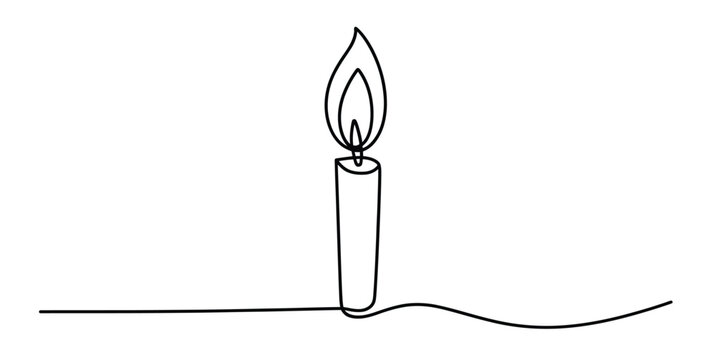 Continuous single line drawing of a burning candle with a simple flame design in a minimalist art style