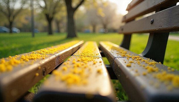 Yellow pollen on wooden bench surface, allergic rhinitis triggers during bloom period, high allergens level environment risk, hay fever activation season, clean graphic space for promotion