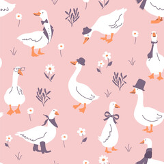 Cute geese in bow ties and hats stroll through daisies seamless pattern © olga_milagros