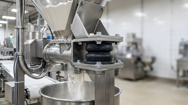 industrial bakery ingredient hopper with vibration isolator support dispensing dry ingredients into a mixing vessel for controlled food manufacturing