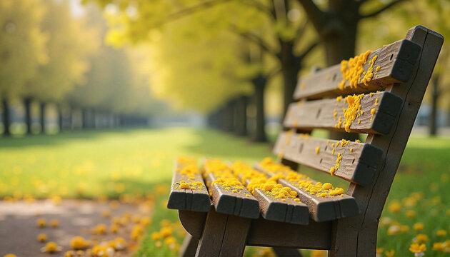 Yellow pollen on wooden bench surface, allergic rhinitis triggers during bloom period, high allergens level environment risk, hay fever activation season, clean graphic space for promotion