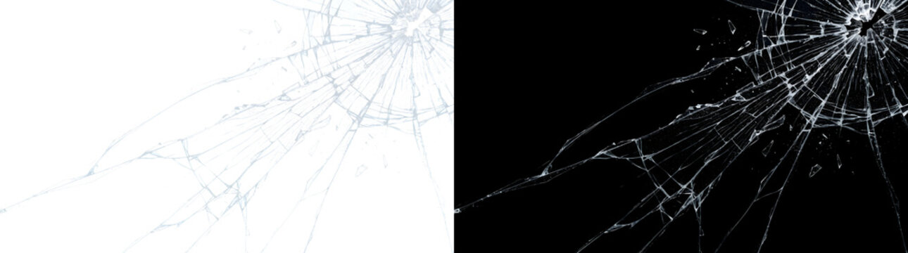Broken glass impact with long diagonal cracks and scattered shards for overlays in PNG, Transparent and Black Background Versions