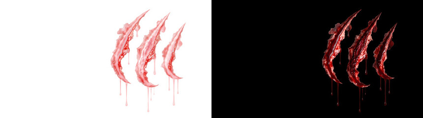 Claw marks with bloody scratches and dripping blood for horror and Halloween art in PNG, Transparent and Black Background Versions © Tanay