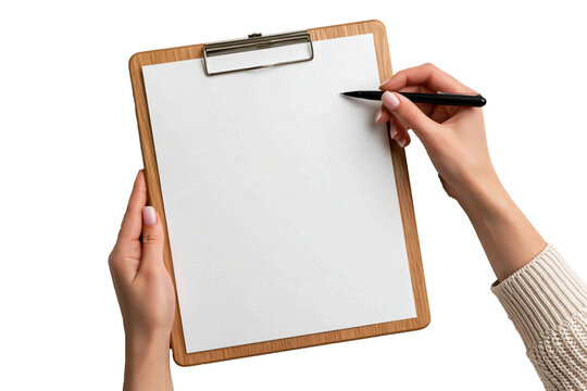 Clipboard with blank paper held by hands and black pen isolated on white background with clipping path