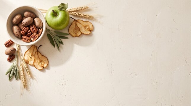 Warm light bathes a still life of autumn harvest. Pecans, dried pears, wheat, and a green apple rest artfully. Natural textures contrast with soft, neutral background. Composition invites calm, cozy
