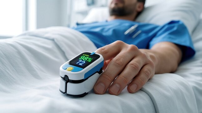 Patient finger digital pulse oximeter device attached. Small medical sensor shows 98 percent oxygen saturation, 72 heart rate on screen. Man rests in hospital bed wearing blue scrubs monitoring vital