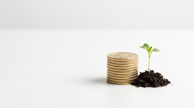 A small green seedling growing beside a stack of gold coins on a clean white surface, symbolic concept of business growth and long-term investment, soft studio lighting, crisp realistic details, minim