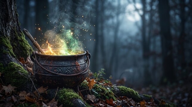 Bubbling cast iron cauldron with glowing green magic potion in a dark spooky forest
