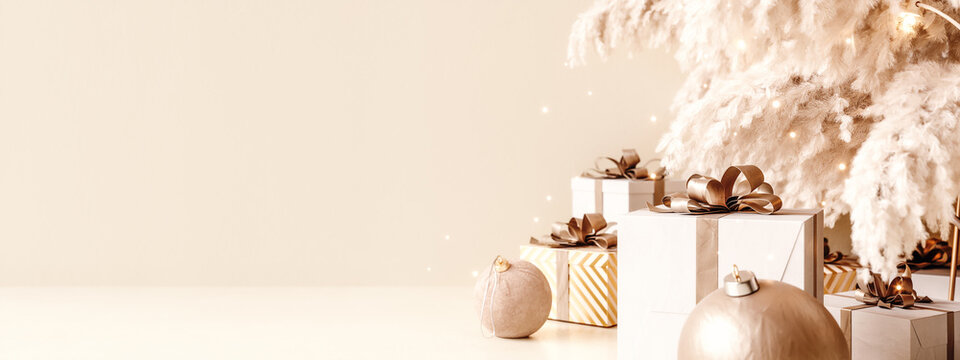White Christmas tree with presents on white background with copy space. Christmas greeting card design. 3D Rendering, 3D Illustration
