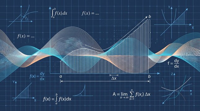 Abstract mathematical background featuring calculus formulas and wave functions on a blue grid.