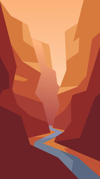 Minimalist vector illustration of a slot canyon with a river  