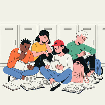 Diverse teenagers studying together in a school hallway  
