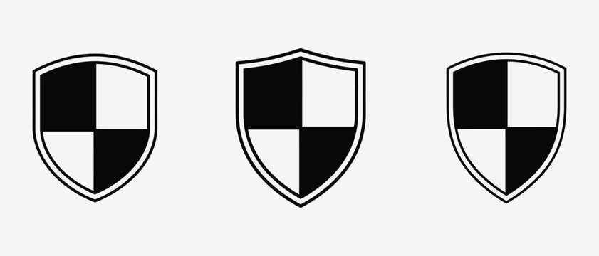 Three heraldic shields with a black and white checkered pattern on a light background