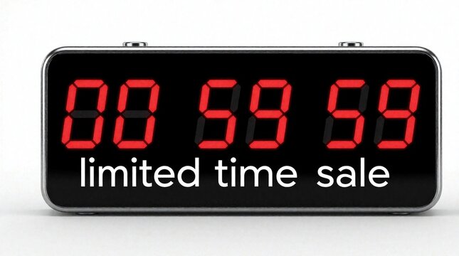 Digital red countdown timer on black clock with limited time sale text. Electronic LED display shows zero zero fifty nine fifty nine seconds. Object isolated on white background for e-commerce