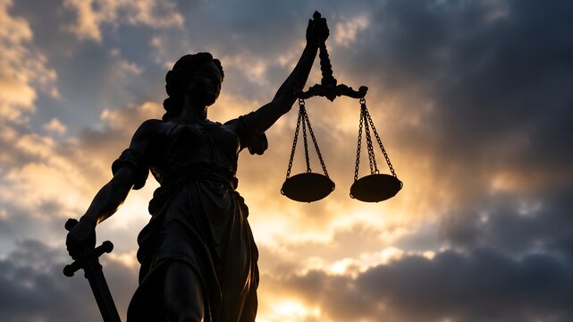 Silhouette of Lady Justice statue at sunset
