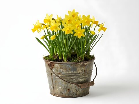 Yellow daffodils in a rustic metal bucket