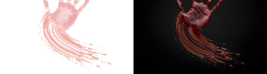 Bloody handprint with curved smear and scattered droplets in PNG, Transparent and Black Background Versions for horror designs © Tanay