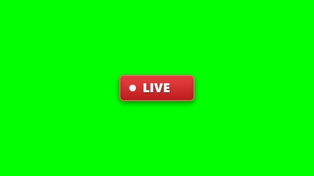 Professional  television broadcast overlay motion graphic featuring a large, centered modern rounded red badge with crisp white 'LIVE' text, a blinking red indicator dot, 