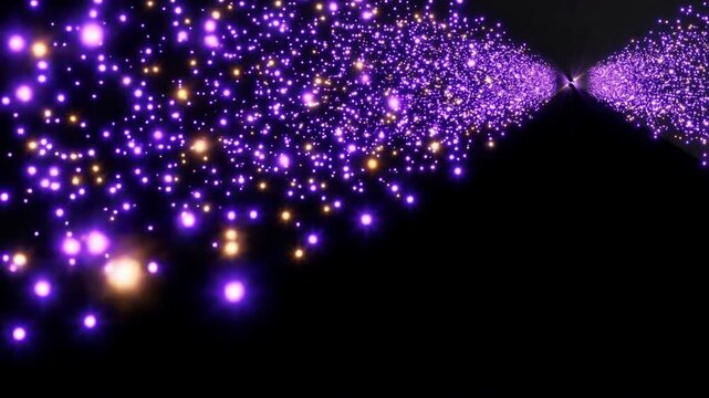 紫と金色の光子ノードが深宇宙の真空空間に浮遊拡散するCG背景