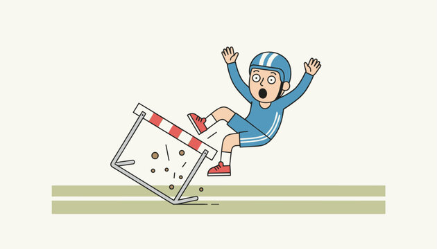 Surprised cartoon athlete wearing a blue uniform and helmet falling down after crashing into a track hurdle barrier.